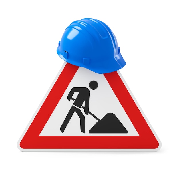 Under construction, road sign and safety helmet, isolated on white background. 3D rendering