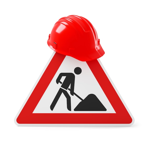 Under construction, road sign and safety helmet, isolated on white background. 3D rendering