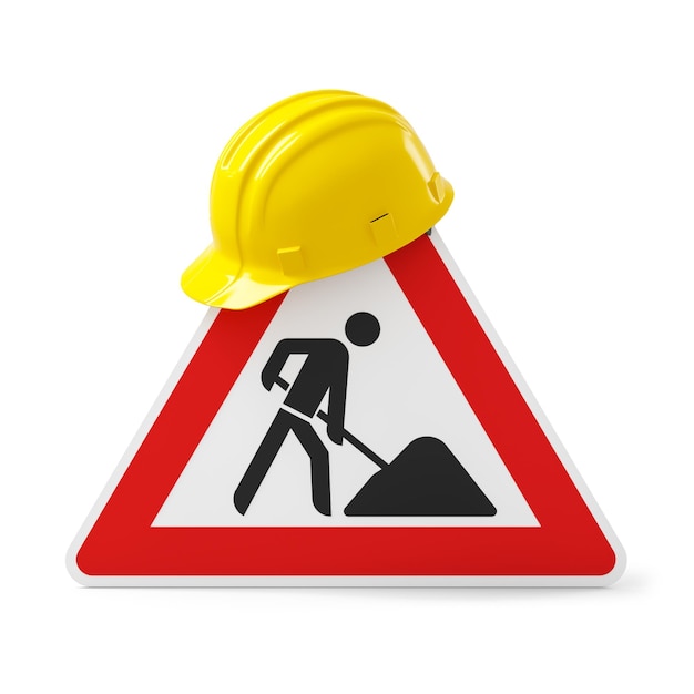 Under construction, road sign and safety helmet, isolated on white background. 3D rendering