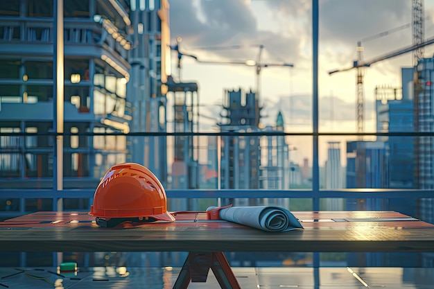 construction safety helmet and architect working table against building construction