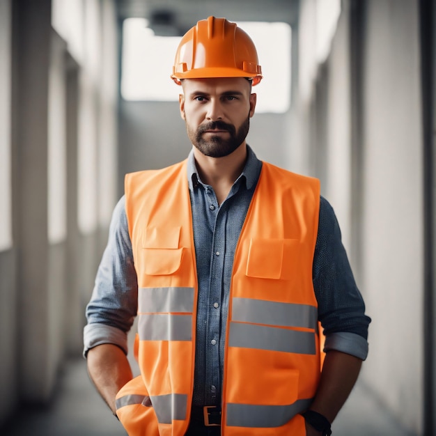 Construction safety specialist vest and orange helmet standing