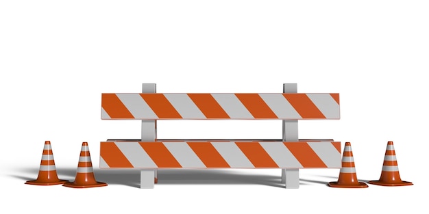 Construction safety Street barricade and traffic cones isolated on white background 3d illustration