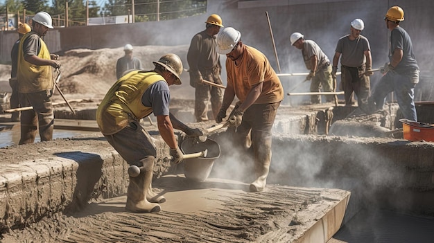 Construction scene as dedicated workers expertly pour and level a concrete floor the careful distribution and skillful troweling Generated by AI