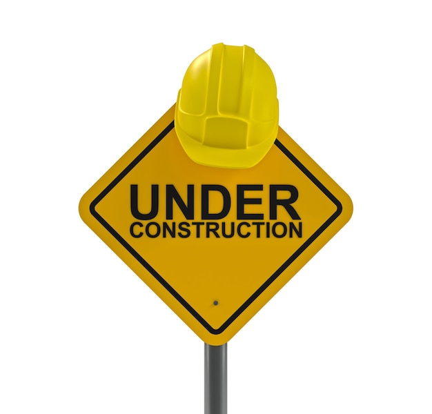 Under Construction Sign and Yellow Helmet 3d Rendering