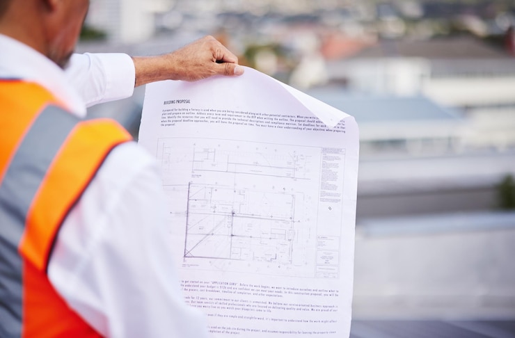 Photo construction site blueprint and man reading document of building proposal in city from the back closeup design of floor plan project or architecture for industrial development in civil engineering