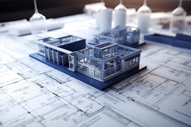 Photo construction site blueprint with abstract concept for effective construction planning and execution