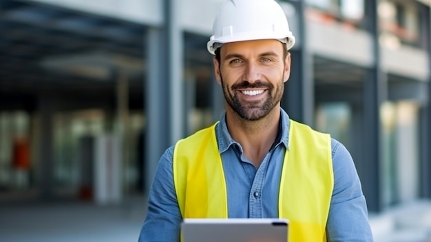 On a construction site a charming engineer holds a smart tablet with Generative AI