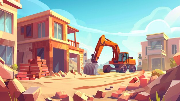 The construction site and excavator are a sketchy illustration of a cityscape with a building site stacks of bricks and a digger