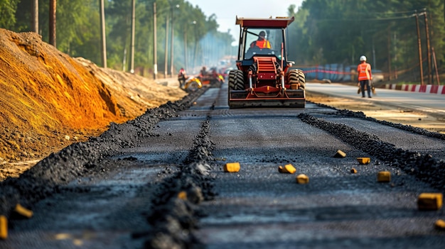 建設現場では、新しいアスファルト舗装を敷設しています道路建設労働者と道路建設機械のシーン高速道路建設現場のシーン