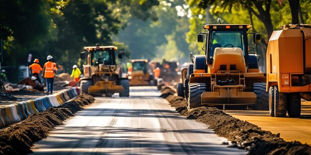 新しいアスファルト舗装道路を敷設する建設現場の建設労働者