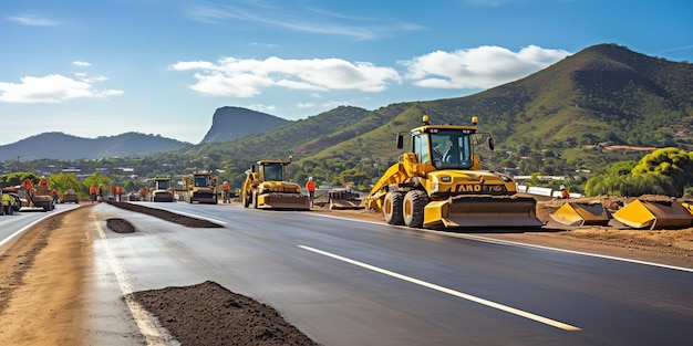 新しいアスファルト舗装道路を敷設する建設現場の建設労働者