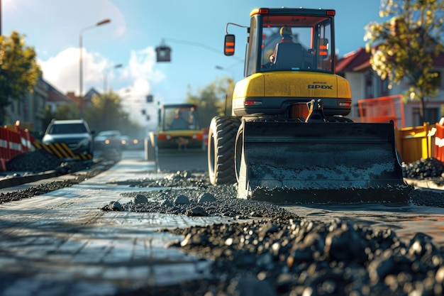 Construction site laying new asphalt road with workers and machinery