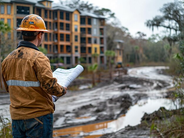 Photo construction site manager reviewing building plans outdoors overlooking a developing property