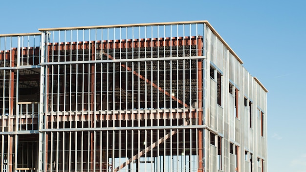 Construction site of the new office building. Steel frame structure.