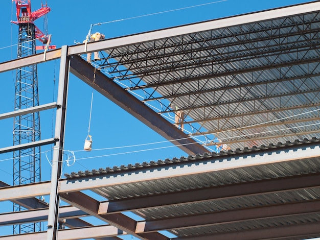 Construction site of the new retail building. Steel frame construction.