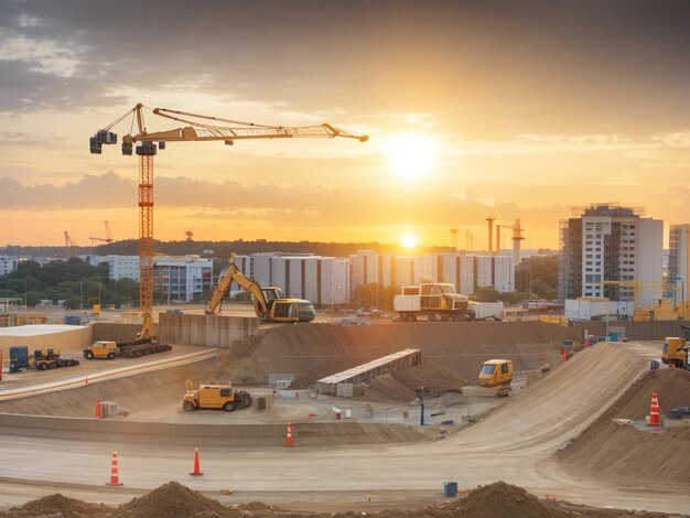 Photo construction site panorama at sunset editorial photography