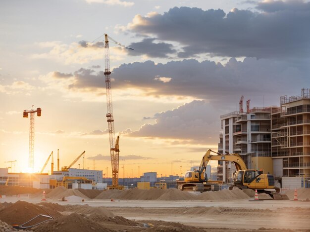 Construction site panorama at sunset editorial photography