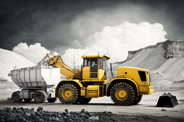 Construction site photo with a big yellow mining truck and a bulldozer