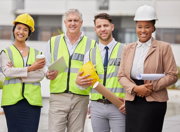 Construction site portrait and team at a building for planning creative and collaboration architecture business people and designer group with blueprint documents or engineering development plan