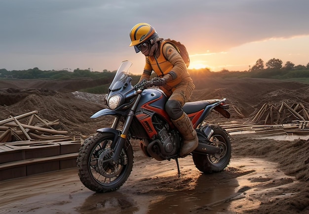 Construction site scene with biker in motorcycle