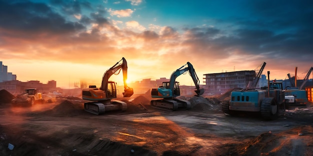 Construction site set at sunset with excavators and building