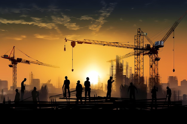 Construction site silhouette with crane and workers