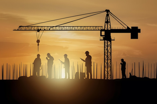 Construction site silhouettes at sunset including crane and workers