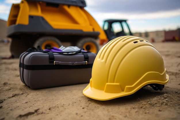 Construction site suitcase with tools and yellow construction helmet Generative AI