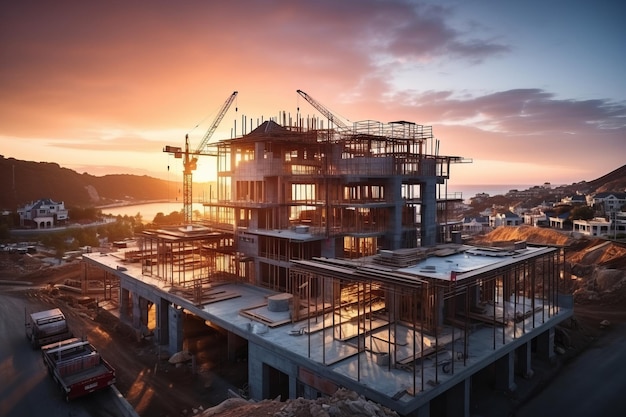 Construction site and sunset structural steel beam build large residential buildings