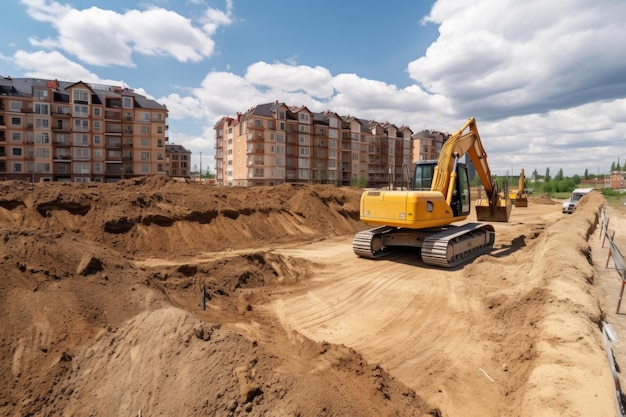 Construction site with bulldozer digging and moving dirt created with generative ai