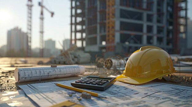 A construction site with a calculator and a hard hat