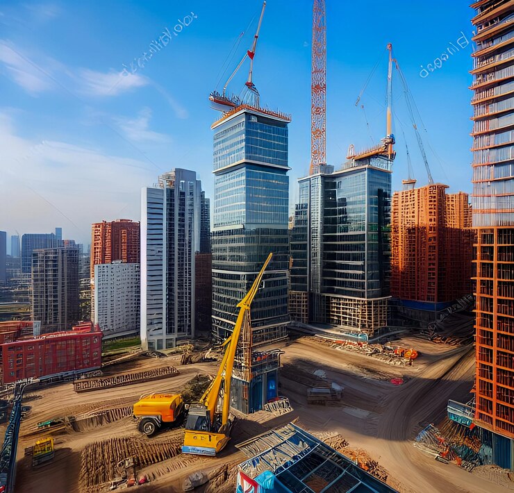 A construction site with a crane in the foreground and a building under construction in the background