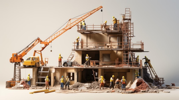 A construction site with cranes scaffolding and workers in reflective vests