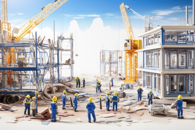 Photo construction site with cranes and workers 3d render illustration