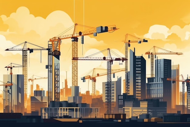 Construction site with cranes and workers building a skyscraper transforming the city skyline