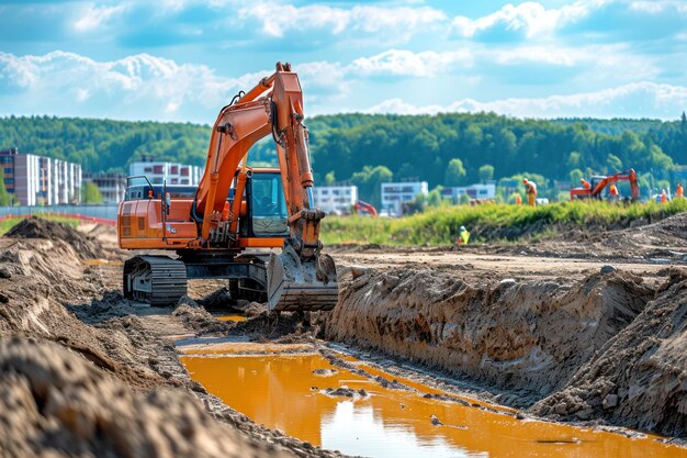 Construction Site With Large Orange Excavator