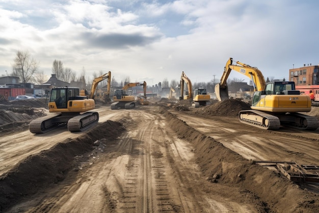 Construction site with machines being used to build new structures created with generative ai