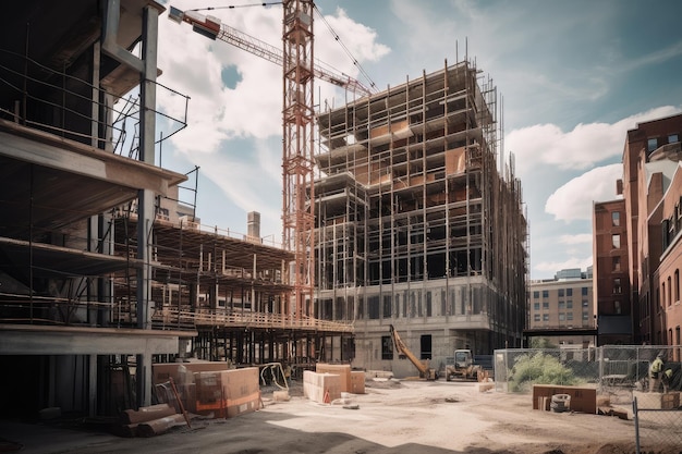 A construction site with scaffolding and cranes in the background