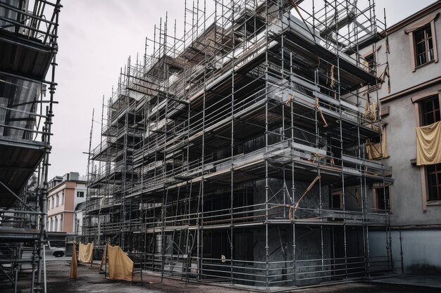 Construction site with scaffolding and safety harnesses for workers