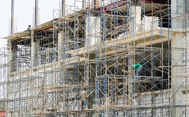 Construction site with steel scaffolding