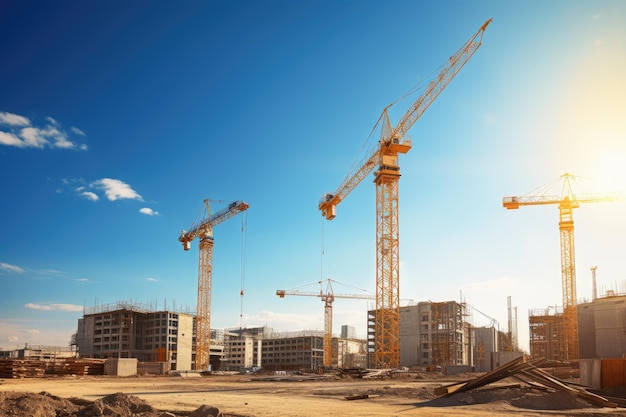 Construction site with tower cranes and building under construction against blue sky Construction site with cranes and building against blue sky AI Generated
