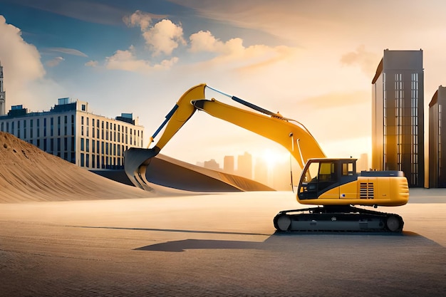 A construction site with a yellow excavator in the background