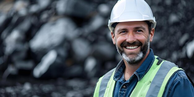 Foto lavoratore di cantiere in attrezzature di protezione personale ppe sorridente con casco di asfalto e giubbotto di sicurezza concetto lavoratore della costruzione attrezzatura di protezione personale casco di asfalto