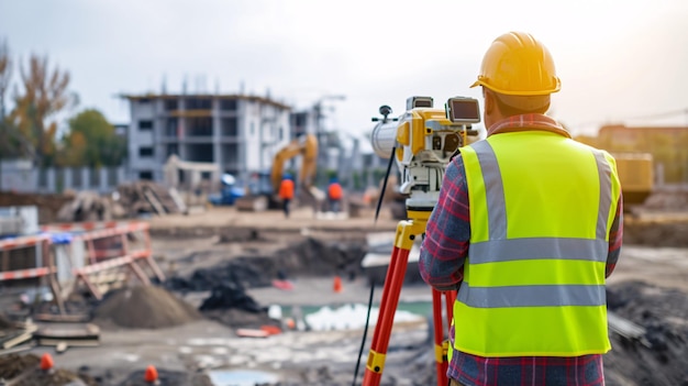 Photo construction site worker using theodolite and transit to survey distances elevations and directions