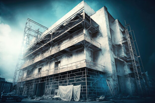 Construction of steel construction to repair apartments scaffolding near building created with gener