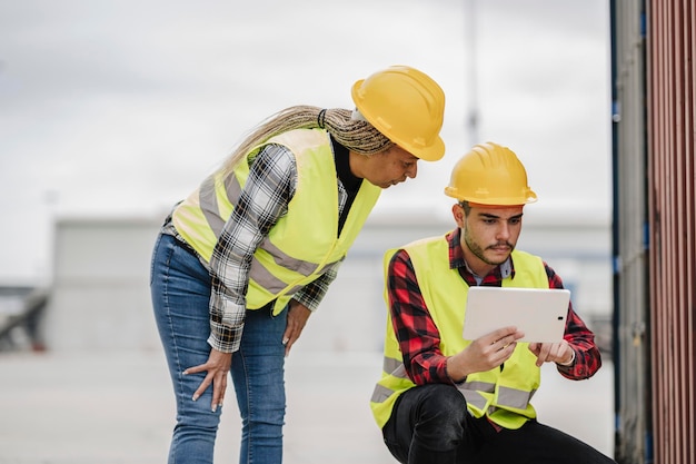 Photo construction supervisors analyzing project details on tablet at site