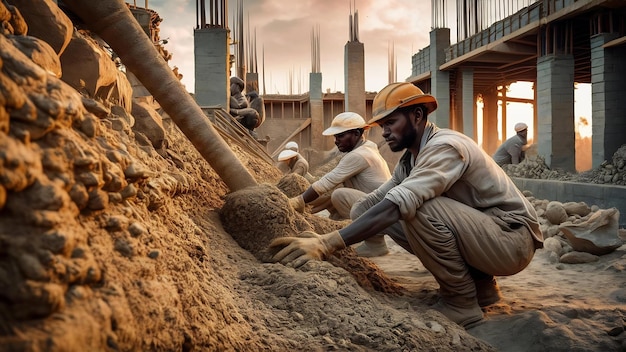 建設技術者は建設のためにセメント石砂を混ぜています