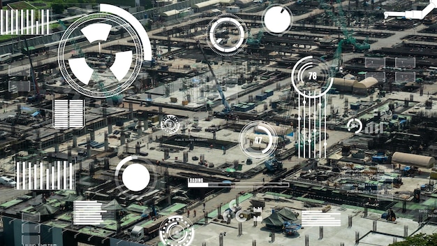 Foto concetto di tecnologia di costruzione con grafica di alterazione sul cantiere