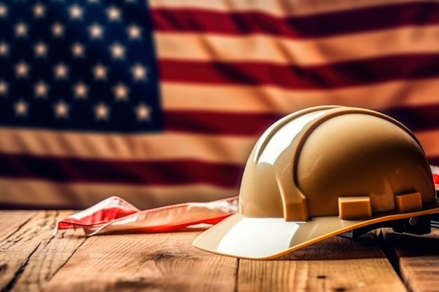Construction themes of USA Happy Labor Day celebration Safety construction helmets on wooden brown table at American flag background