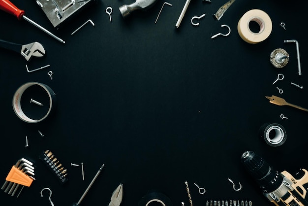 Construction tools on a BLACK background